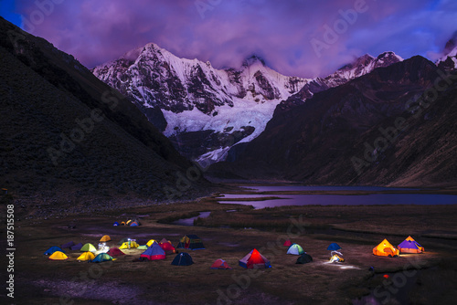 Campsite for trekking tours at the Laguna Jahuacocha at night on the Huayhuash Trek/ Cordillera Blanca/ Huaraz/ Ancash/ Andes / Peru/ South America photo