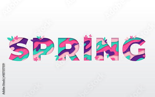 Spring typography design with abstract paper cut shapes, leaves and flowers. Vector illustration. Colorful floral elements