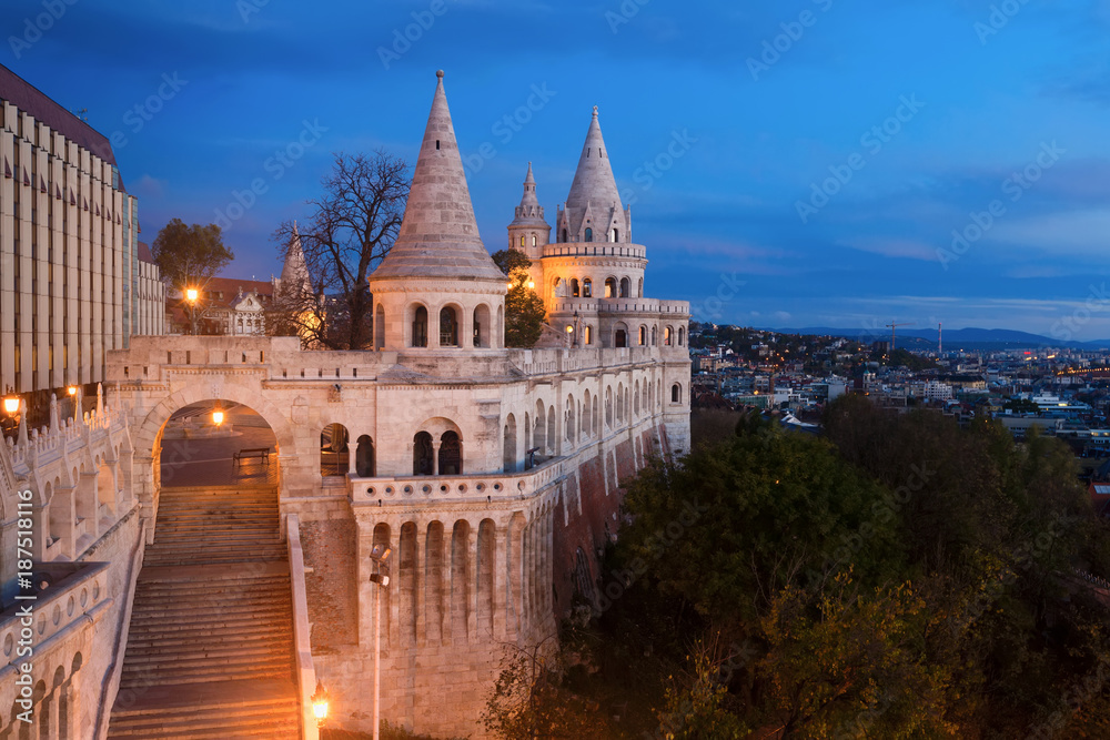 Halaszbastya is hungarian landmark in night light of Hungary