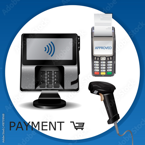 Contactless payment transaction terminal with display and pinpad. Wireless payment. POS terminal, MSR, EMV, NFC, and laser barcode scanner. Vector.