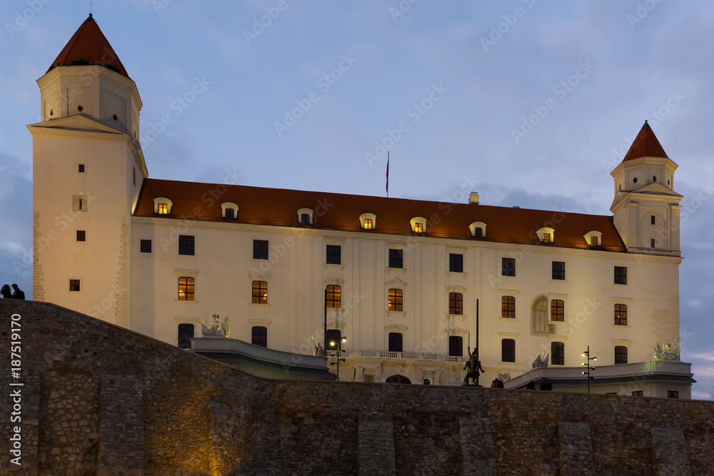 Medieval Bratislava Castle part at night illumination