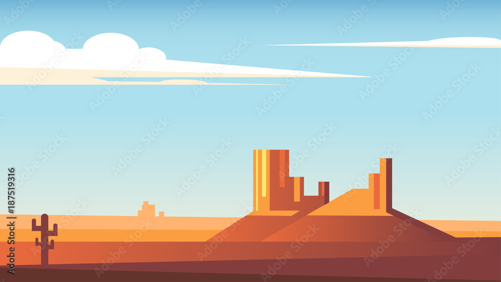Cartoon desert landscape with cactus, hills and clouds flat vector illustration. Two rocks in the middle of the desert and a blue sky with clouds