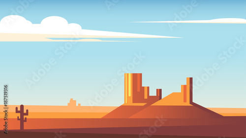 Cartoon desert landscape with cactus  hills and clouds flat vector illustration. Two rocks in the middle of the desert and a blue sky with clouds