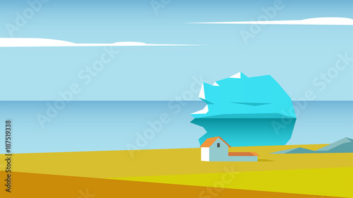 Coastal landscape with house in the meadow and the iceberg in the ocean. Polar seaside landscape vector flat illustration.