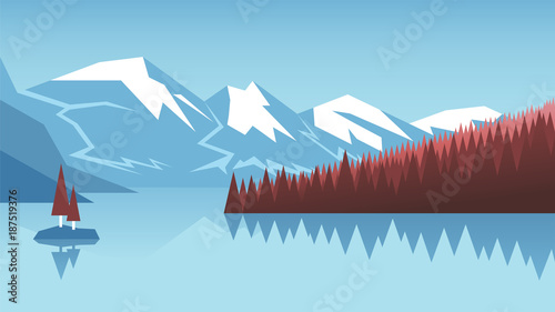 Vector mountain landscape. Coniferous forest and lake in the background of mountains and blue sky. Vector illustration for banner, poster or web design