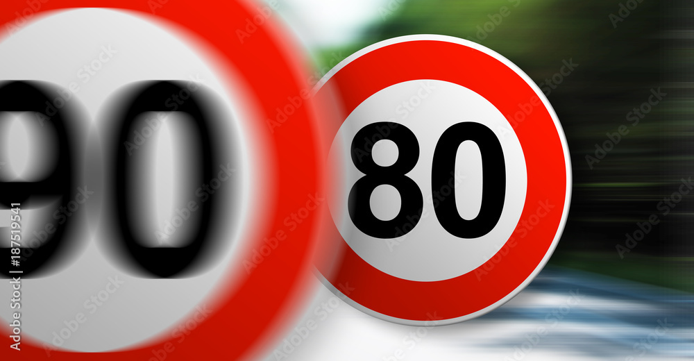 90km/h et 80km/h vitesse en France 1er juillet 2018 sur la route  départementale limitation de vitesse 2020 Stock Illustration | Adobe Stock