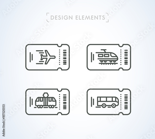 Vector transportation tickets set. Train, Plane, Tram, Bus. Public transport