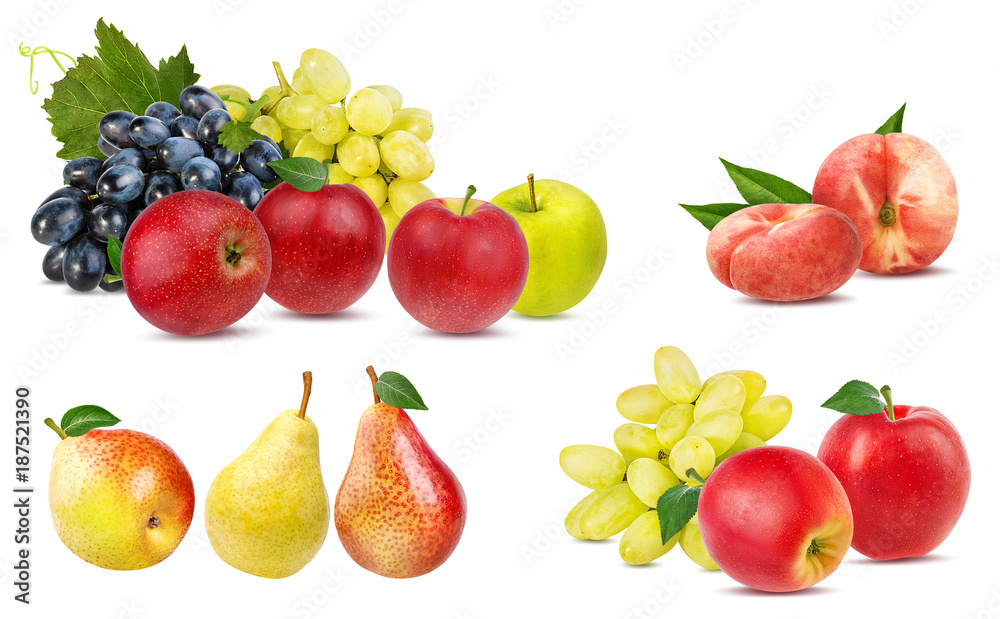 Fresh fruit set grapes, apples, chinese flat donut peaches, pears isolated on white background with clipping pass Fresh fruit set grapes, apples, chinese flat donut peaches, pears isolated on white background with clipping pass