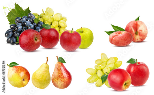 Fototapeta Naklejka Na Ścianę i Meble -  Fresh fruit set grapes, apples, chinese flat donut peaches, pears isolated on white background with clipping pass