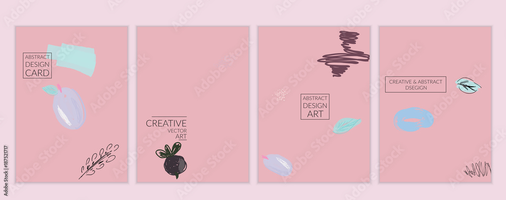 Artistic minimal universal card templates with abstract hand drawn doodles.