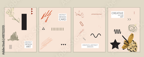 Card templates in Memphis style with abstract hand drawn doodles