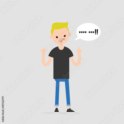 Young pissed off character showing the middle fingers. Gestures. Emotions. Flat editable vector illustration, clip art