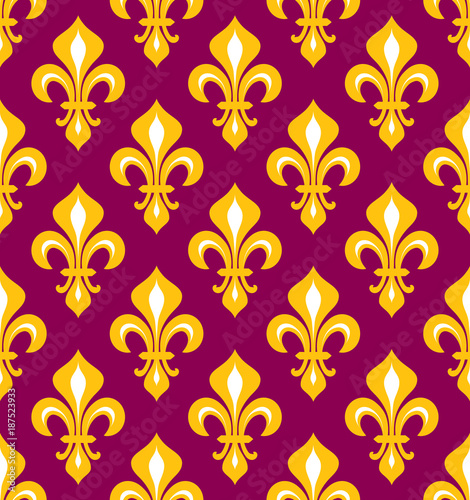 Royal heraldic Lilies (Fleur-de-lis) — purple and gold, seamless pattern, wallpaper background.