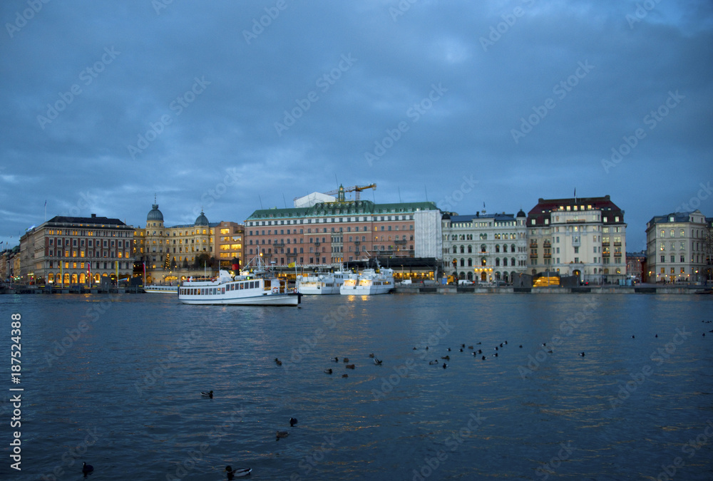 Boats and landmarks at Stockholm waterfront