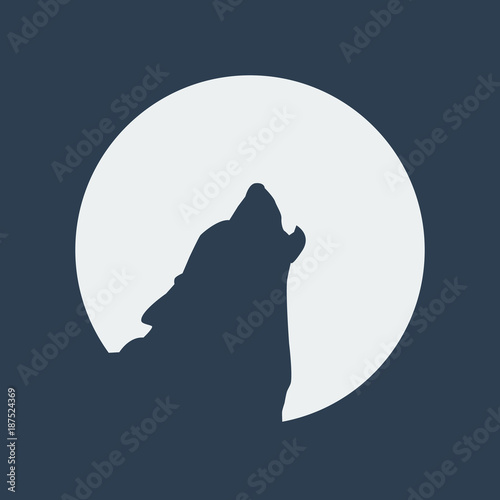 wolf howling to full moon on white background.