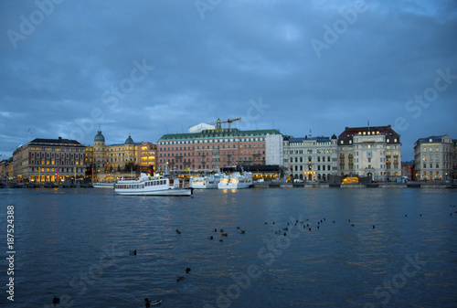 Boats and landmarks at Stockholm waterfront
