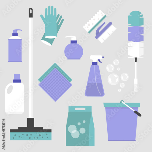 Household chores. Set of cleaning tools: a mop, a bucket, a feather duster, a bottle of cleaning spray, a pair of gloves, a brush and a sponge. Flat editable vector illustration, clip art