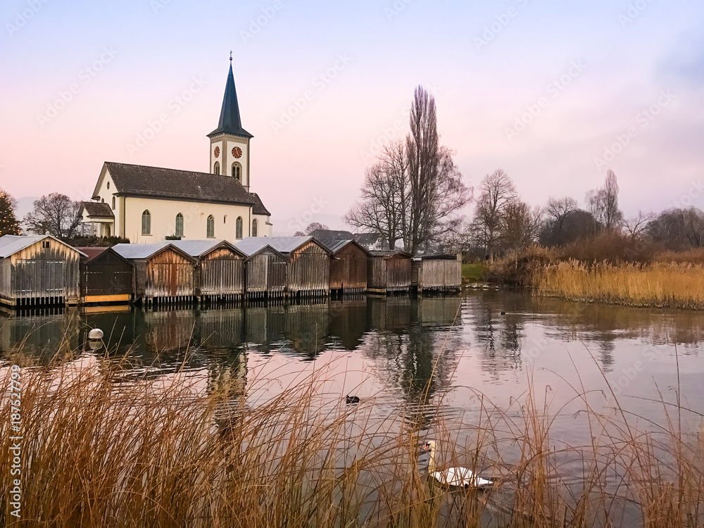 Busskirch village church, an ancient settlement on the shores of the Upper Zurich Lake, Switzerland