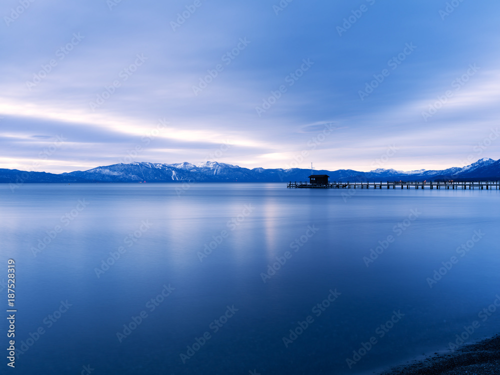 Lake Tahoe in winter at sunrise.