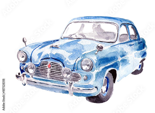 Watercolor blue old car