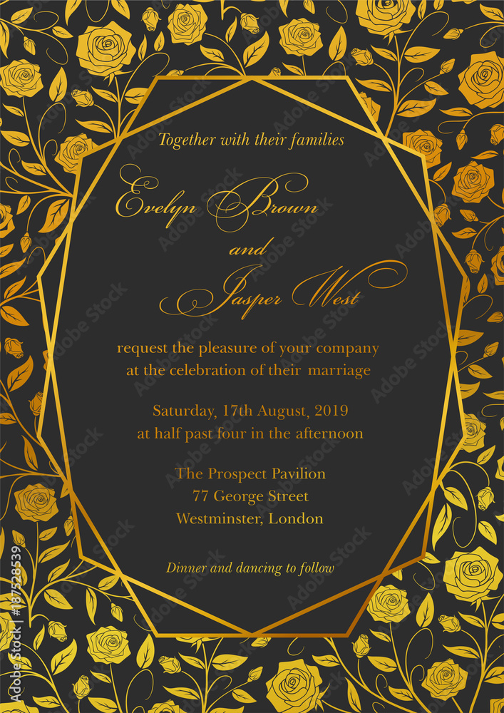 Wedding Invitation Cards with Floral Borders and Gold Foil