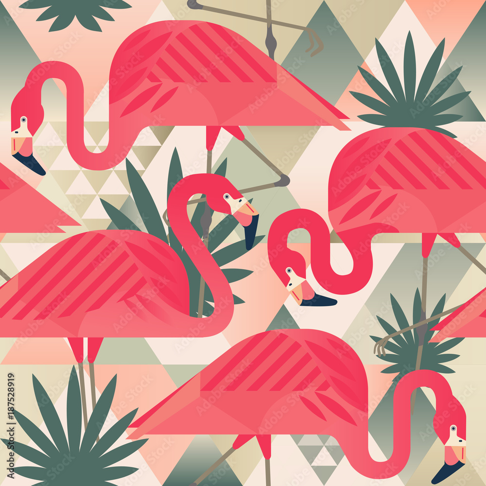 Naklejka premium Egzotyczna plaża modny wzór, ilustrowany patchwork kwiatowy wektor tropikalnych liści bananowca. Jungle różowe flamingi Tapeta mozaika w tle