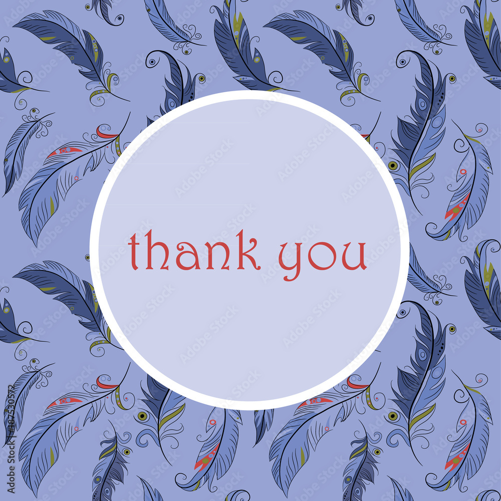 Greeting card with colorful feathers with Thank you note in the round. Vector illustration on blue background
