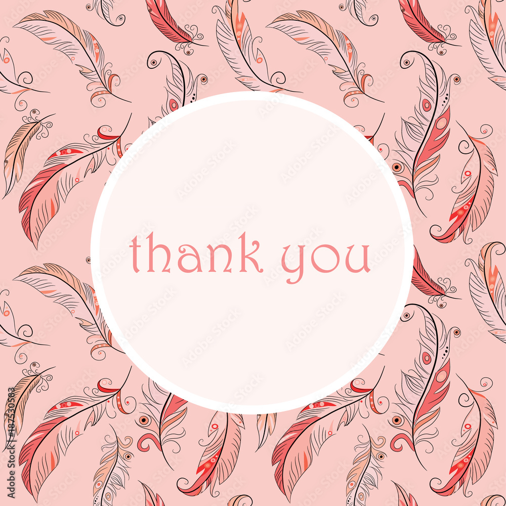 Greeting card with colorful feathers with Thank you note in the round. Vector illustration on light pink background