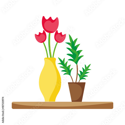 wood shelf with flowers inside jar and plants