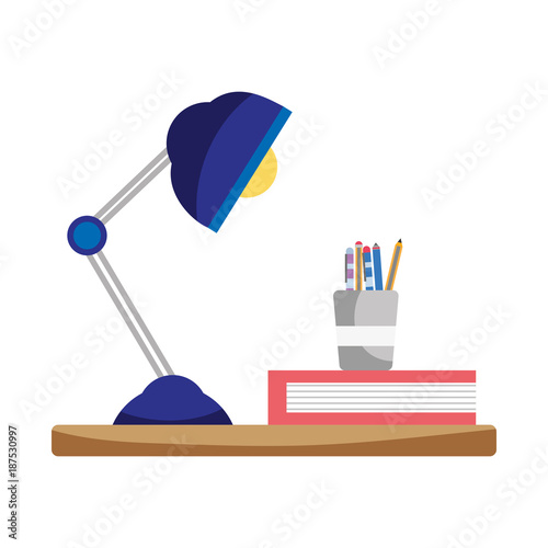 wood shelf with desk lamp and office utensils