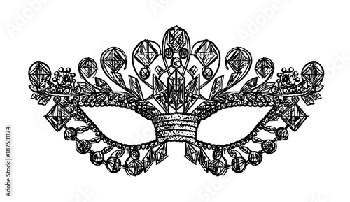 Venetian mask illustration, drawing, engraving, ink, line art, vector