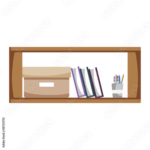 office wood shelf with books and box archive