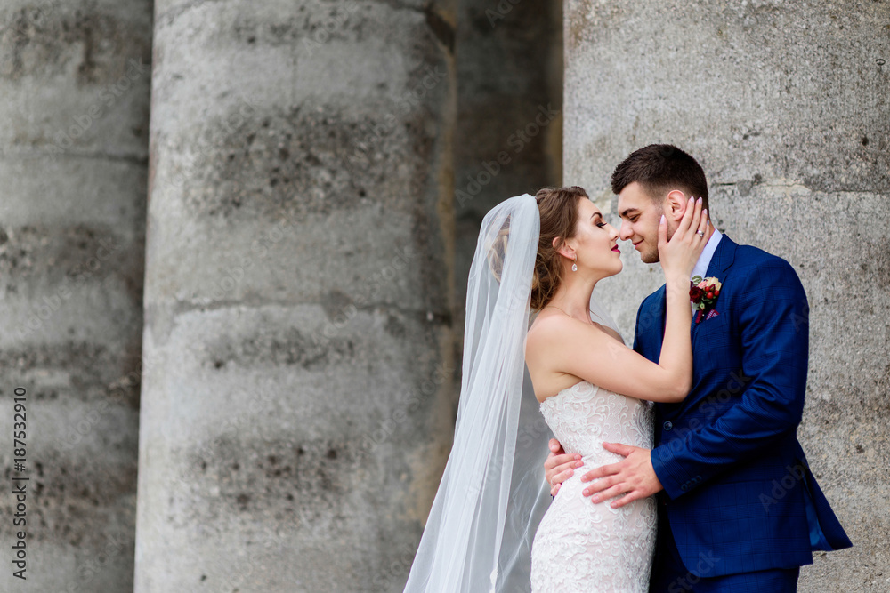 Beautiful wedding couple poses before an old ruined castle