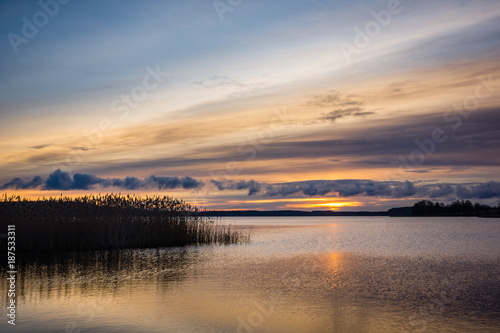 Sunrise over the Swiecajty lake near Wegorzewo, Masuria, Poland