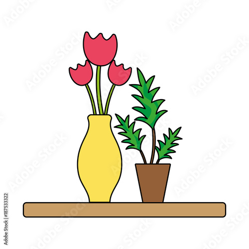 colorful wood shelf with flowers inside jar and plants