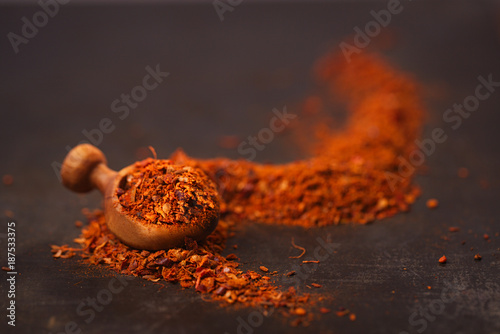 Fototapeta Naklejka Na Ścianę i Meble -  Traditional  harissa spice mix - morrocan red hot chilles mixed