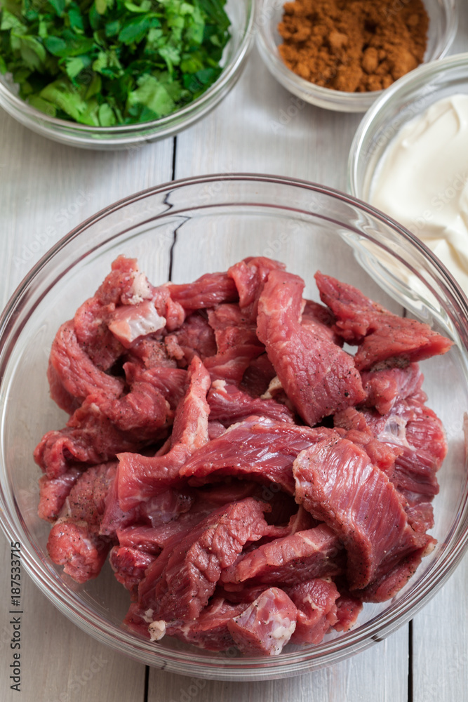 Beef and other ingredients ready to cooking beef Stroganoff