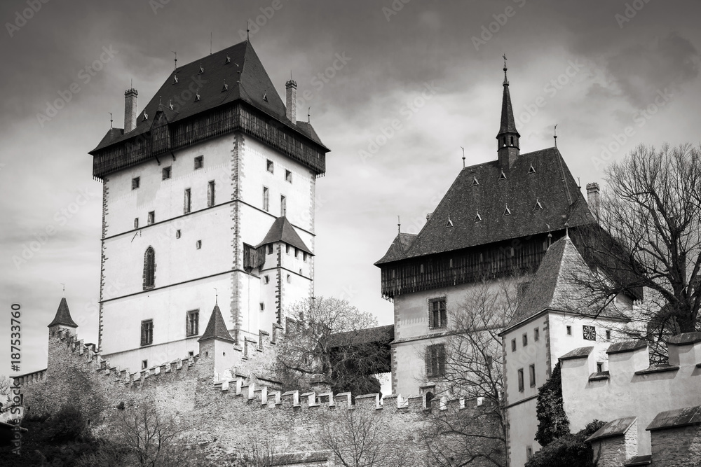 Karlstejn castle exterior. Black and white
