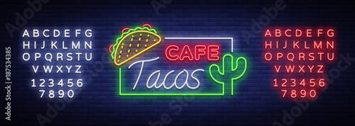 Taco logo vector. Neon sign on Mexican food, Tacos, street food, fast food, snack. Bright neon billboards, shining nightly ads of tacos, Mexican food, cafes, restaurants. Editing text neon sign