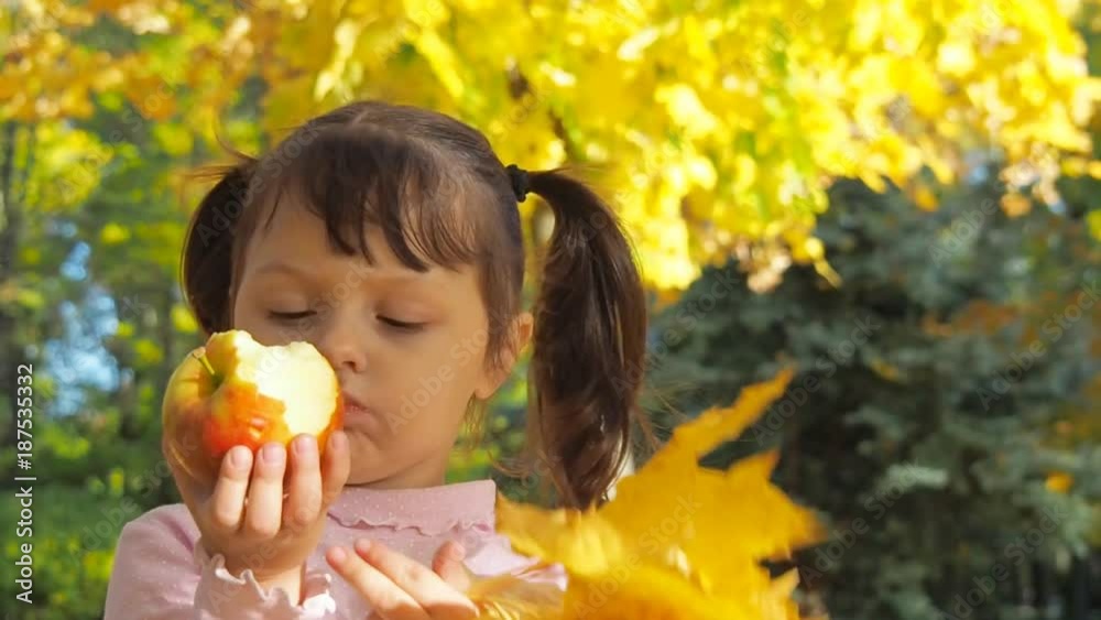 A beautiful little girl in an autumn park eats an apple. A beautiful little girl in an autumn park eats an apple.
