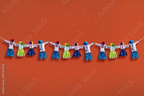 Handmade textile dolls on background, traditional ukrainian folk rag doll Motanka in ethnic style, ancient culture folk crafts tradition of Ukraine. Most Popular Souvenirs From Ukraine.