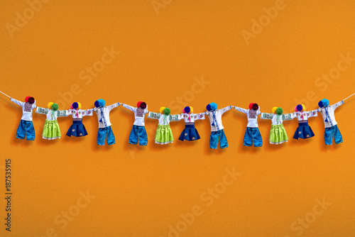 Handmade textile dolls on background, traditional ukrainian folk rag doll Motanka in ethnic style, ancient culture folk crafts tradition of Ukraine. Most Popular Souvenirs From Ukraine.