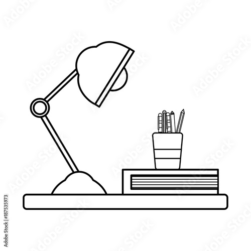 line wood shelf with desk lamp and office utensils