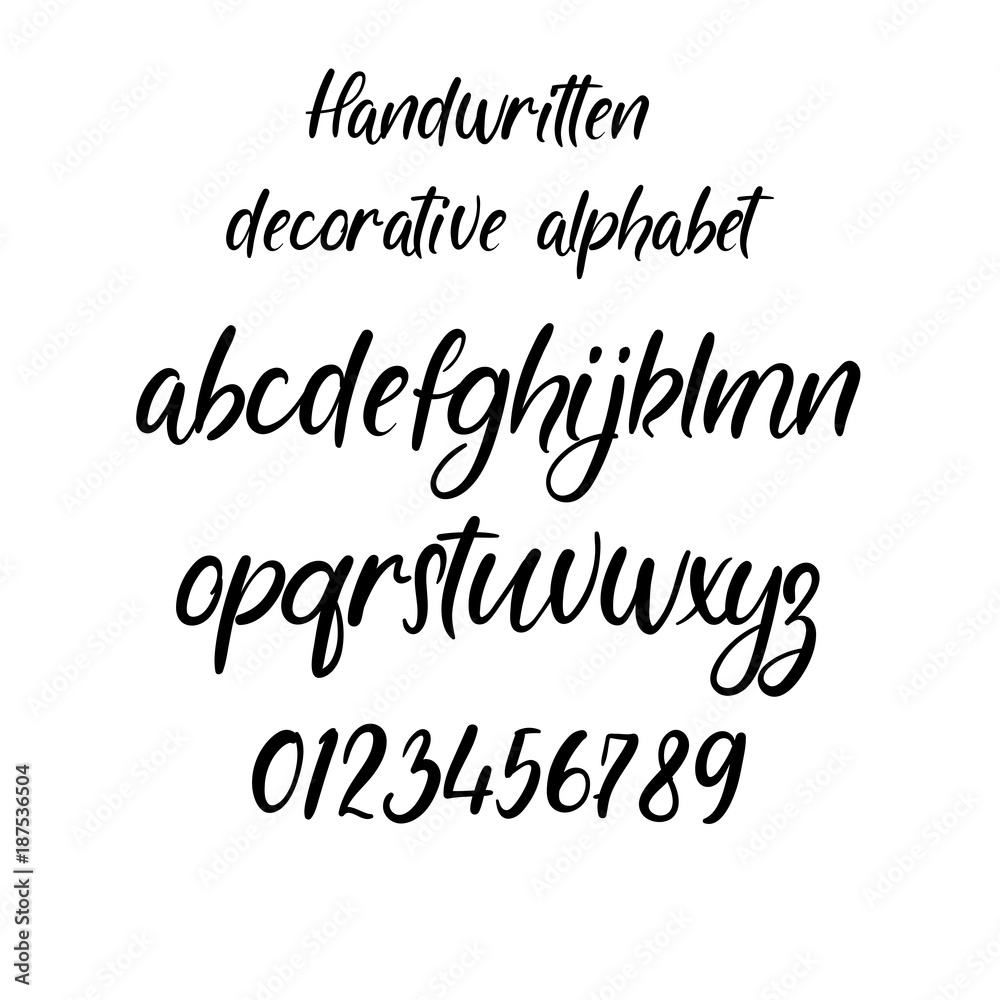 Decorative calligraphic alphabet. Handwritten brush letters. Hand drawn ABC for your Designs: wallpaper, pattern, poster, postcard, logo, wedding invitation. Vector Illustrations.