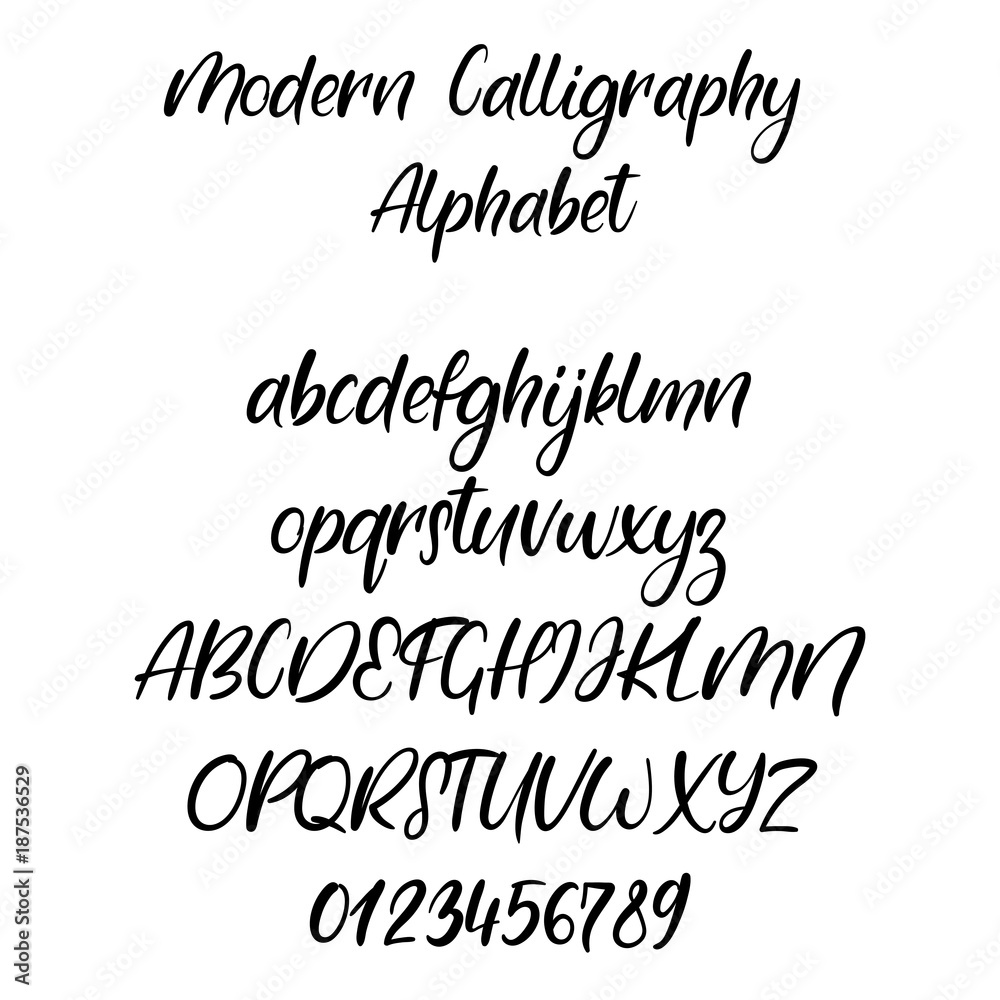 Decorative calligraphic alphabet. Handwritten brush letters. Uppercase, lowercase. Hand drawn ABC for your Designs: wallpaper, pattern, poster, postcard, logo, wedding invitation. Vector Illustrations
