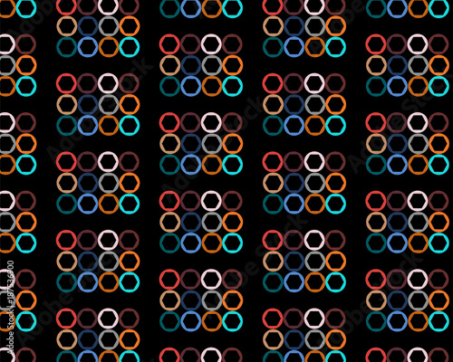 Pattern of abstract, colorful, bright, motley circles with hexahedrons inside painted in the most fashionable colors of 2018 on a black background. Vector illustration. photo