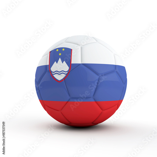 Slovenia flag soccer football against a plain white background. 3D Rendering