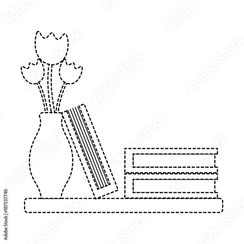 dotted shape wood shelf with flowers inside jar and books
