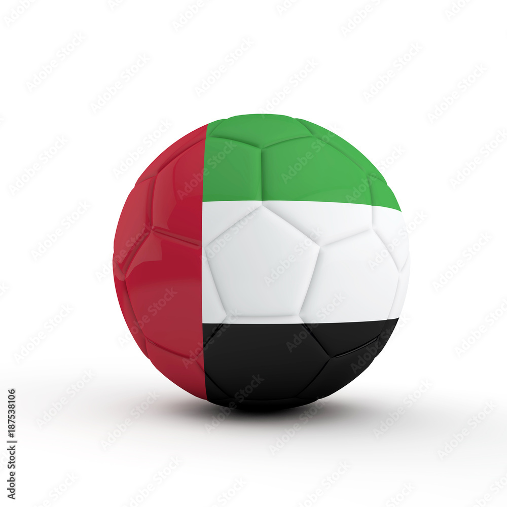 UAE flag soccer football against a plain white background. 3D Rendering