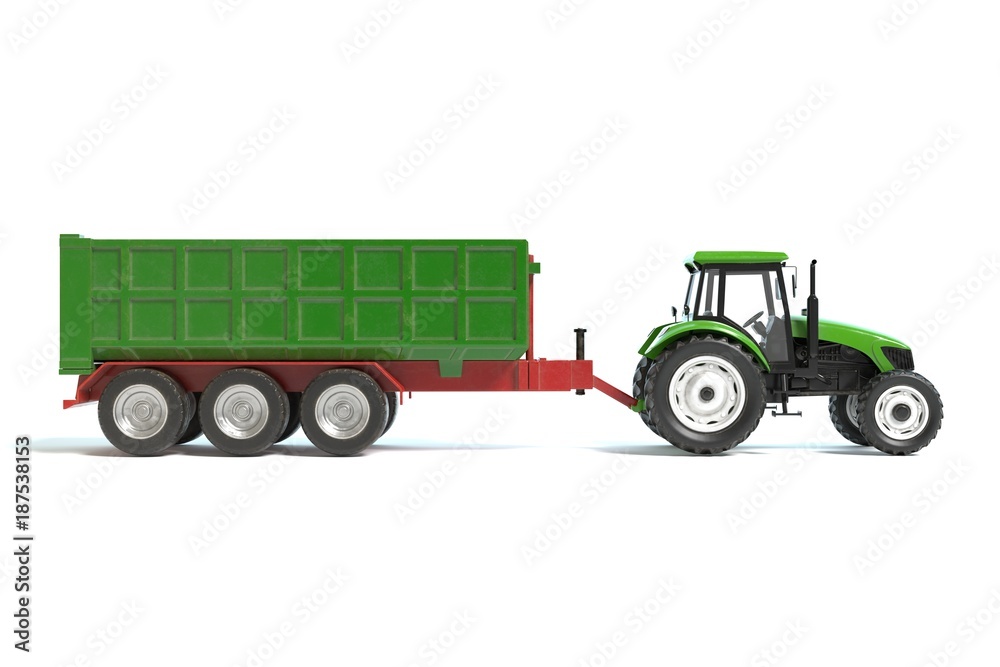 3d illustration of a farming tractor and trailer 3d illustration of a farming tractor and trailer